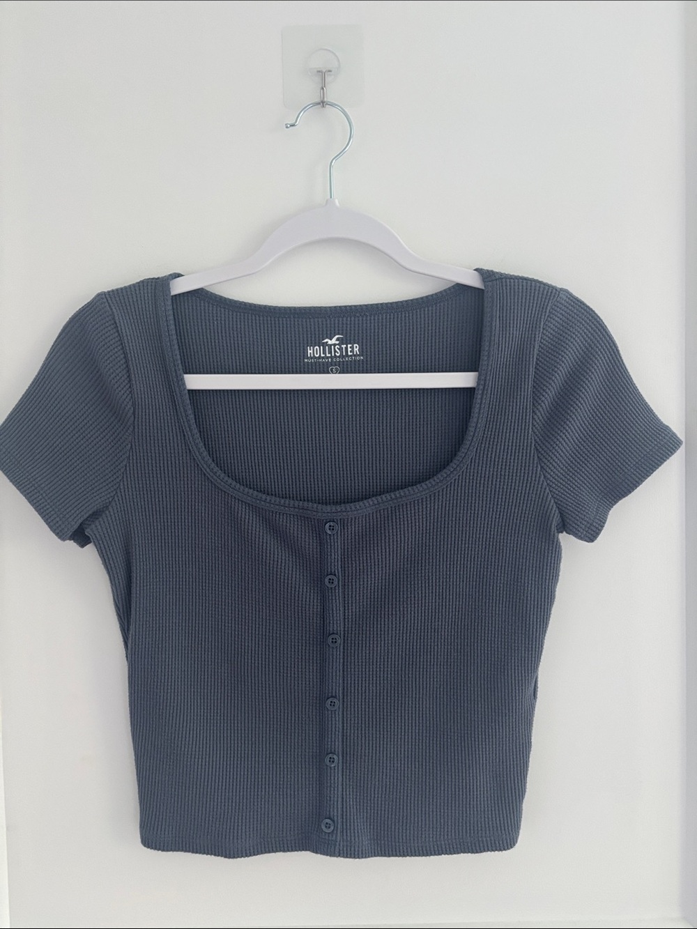 Hollister Women's Short Sleeve Button Front Crop Top - Slate Blue